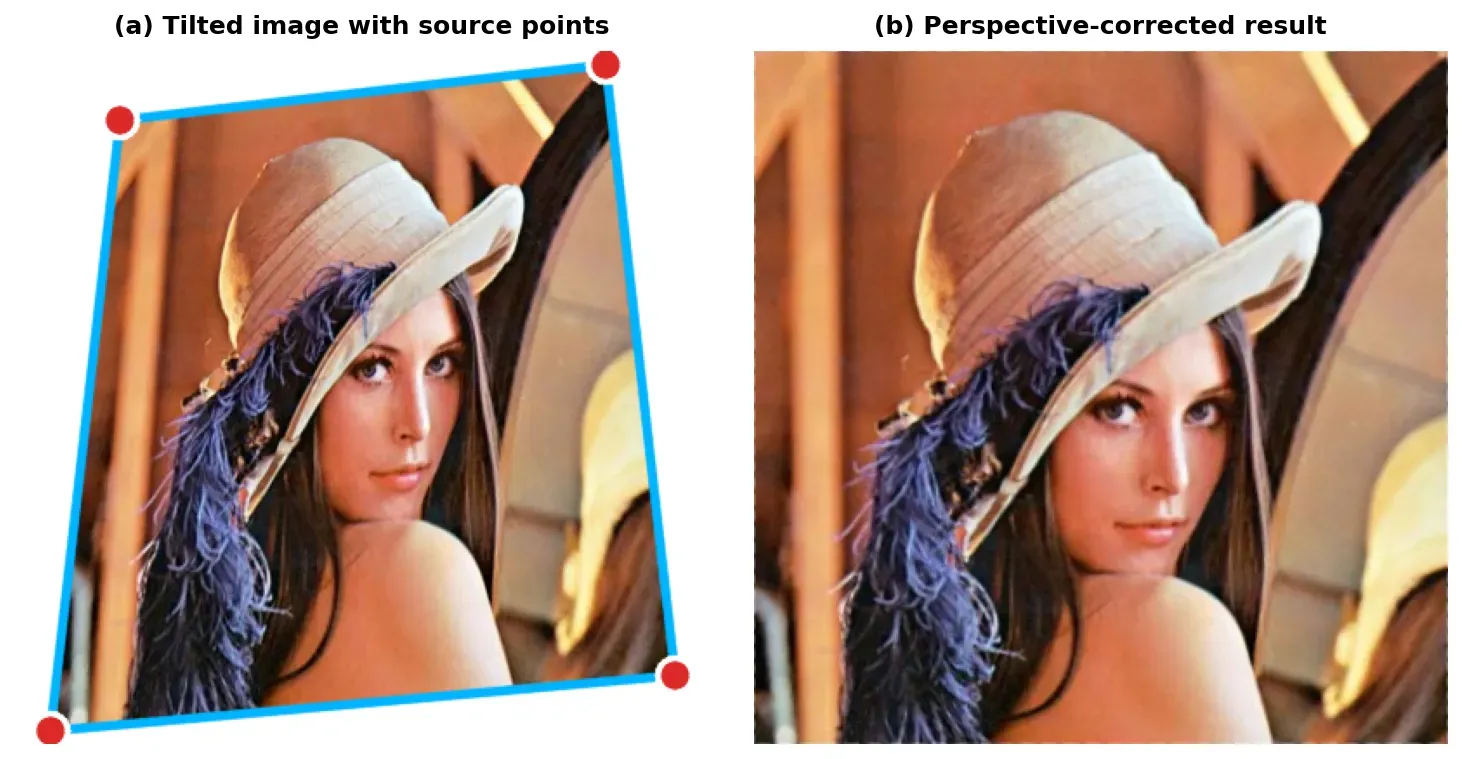 Perspective transform: a tilted image corrected to a flat, rectangular view