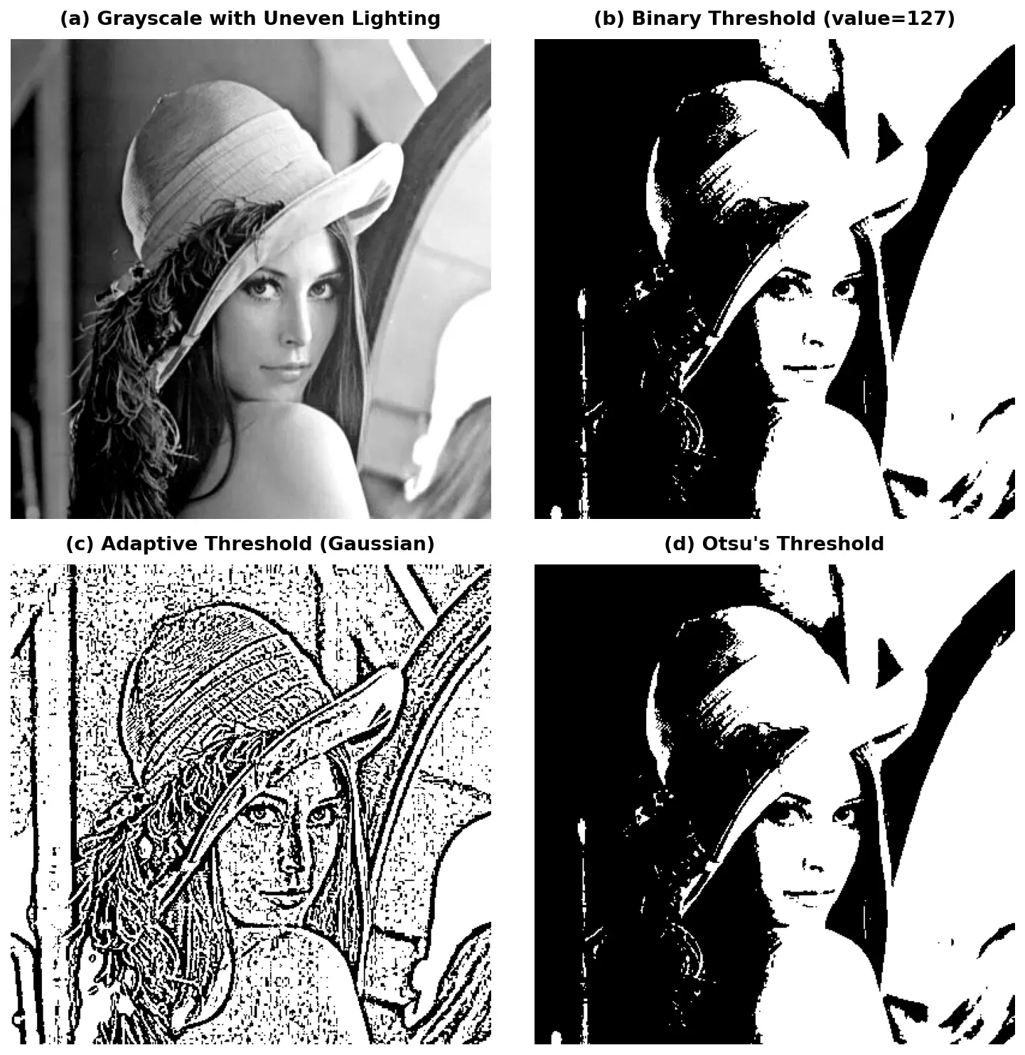 Comparison of simple, adaptive, and Otsu thresholding on an unevenly lit image